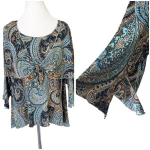 Vintage Y2K Layered Top 1X Paisley 3/4 Sleeve Blue Brown Tie Front Career Office